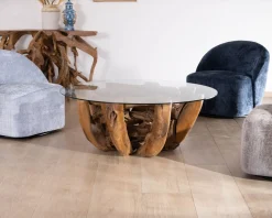Table basse ronde en bois de teck flotté et plateau verre "Kanoa" 120 cm