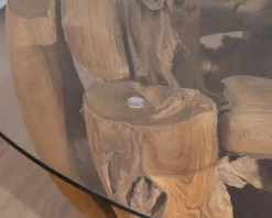 Table basse ronde en bois de teck flotté et plateau verre 