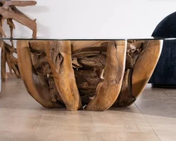 Table basse ronde en bois de teck flotté et plateau verre 