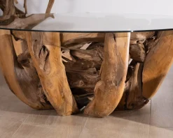 Table basse ronde en bois de teck flotté et plateau verre 