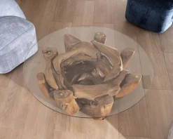 Table basse ronde en bois de teck flotté et plateau verre 