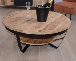 Table basse ronde en manguier massif et métal 