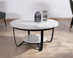 Table basse ronde en terrazzo blanc et métal noir "Galatée"