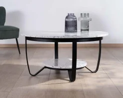 Table basse ronde en terrazzo blanc et métal noir "Galatée"