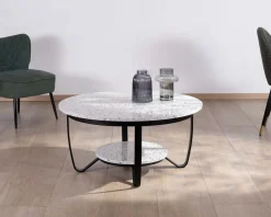 Table basse ronde en terrazzo blanc et métal noir 