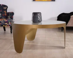 Table basse ronde laiton antique et verre 