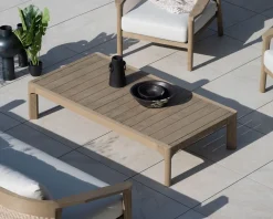 Table basse spécial extérieur design épuré en teck finition naturelle sablée 