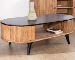 Table basse vintage design arrondi en acacia naturel et noir "Boogie"