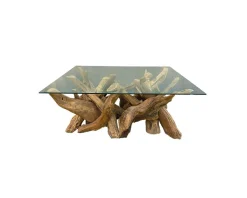 Table basse vitrée en racine de teck naturel recyclé "Farmer"