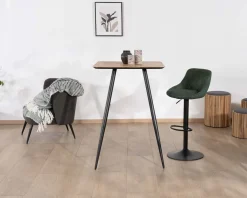 Table de bar carrée 75cm en teck recyclé et pieds crayons noirs 