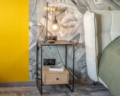 Table de chevet design en métal et bois avec plateau en placage pierre "Pikto"