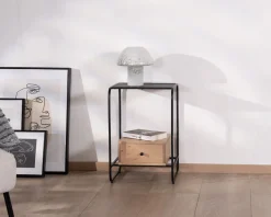 Table de chevet design en métal et bois avec plateau en placage pierre 
