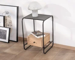 Table de chevet design en métal et bois avec plateau en placage pierre 