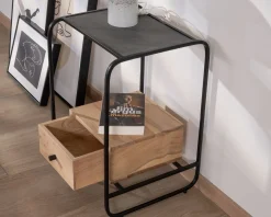 Table de chevet design en métal et bois avec plateau en placage pierre 