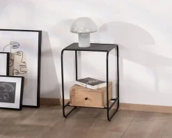 Table de chevet design en métal et bois avec plateau en placage pierre 