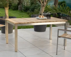Table de jardin extensible 160 à 220 cm design contemporain "Melta" en teck et acier inoxydable
