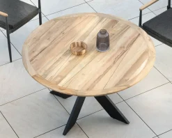 Table de jardin ronde en teck et pieds croisés en aluminium 