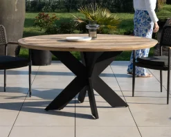 Table de jardin ronde en teck et pieds croisés en aluminium 