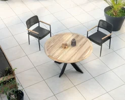 Table de jardin ronde en teck et pieds croisés en aluminium 