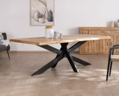 Table de repas 200 cm plateau en manguier bords naturels "Presolino" pieds croix métal