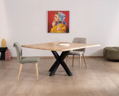 Table de repas carrée 120 cm en acacia et pieds croix métal "3D"