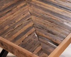 Table de repas carrée 140cm acacia finition chevrons pieds métal noir croisés 