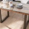 Table de repas design en bois recyclé et pieds métal en U "Crescendo" avec plateau verre