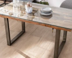 Table de repas design en bois recyclé et pieds métal en U "Crescendo" avec plateau verre