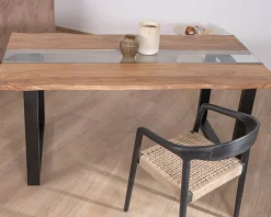 Table de repas en acacia avec centre en verre 