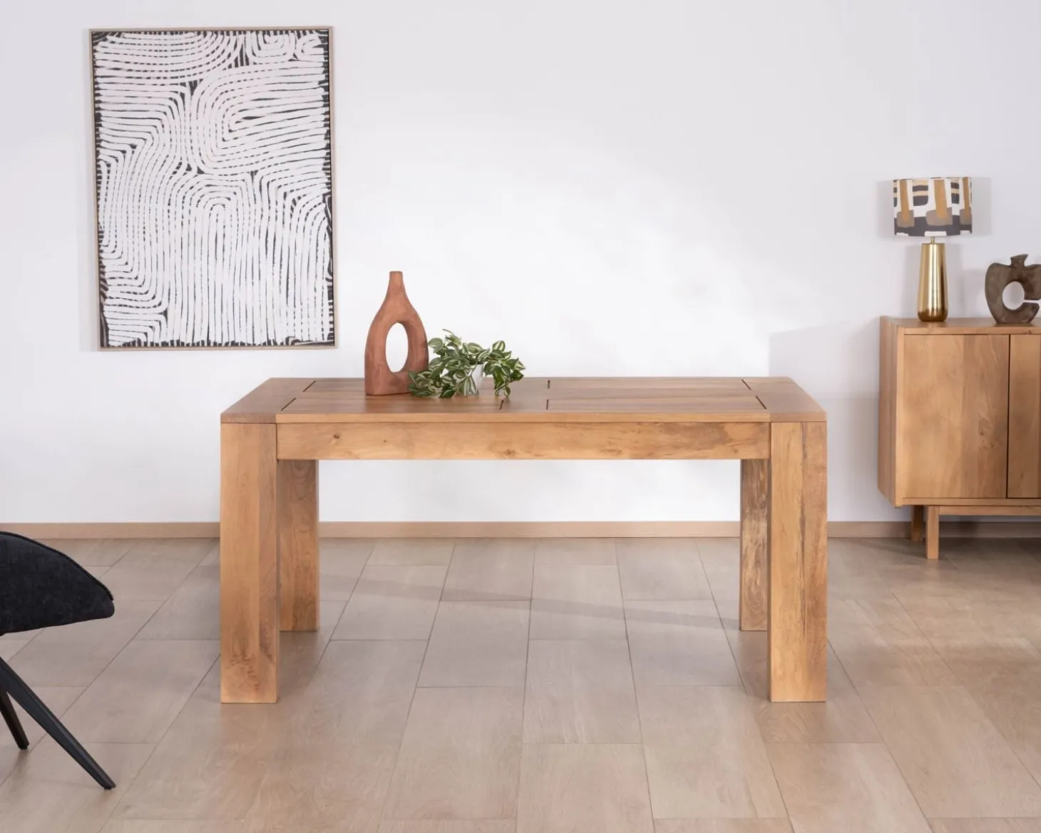 Table de repas extensible en manguier teinte chêne clair "Jappéo" 160 à 250 cm