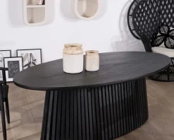 Table de repas ovale 210 cm en teck noir pied central ajouré 