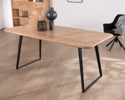 Table de repas rectangulaire design aéré en acacia et piètement métal noir 