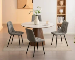 Table de repas ronde 120 cm plateau céramique blanc effet marbre "Oria" piètement aspect noyer