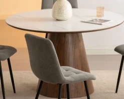 Table de repas ronde 120 cm plateau céramique blanc effet marbre 