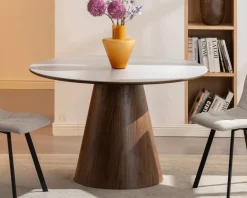 Table de repas ronde 120 cm plateau céramique blanc effet marbre 
