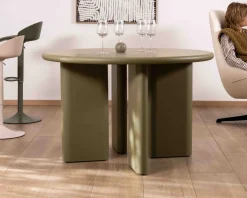 Table de repas ronde coloris vert sauge "Odyna" 120 cm piètement sculptural