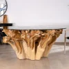 Table de repas ronde en racine de teck naturel avec plateau verre "Jungle"