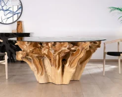 Table de repas ronde en racine de teck naturel avec plateau verre "Jungle"