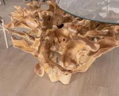 Table de repas ronde en racine de teck naturel avec plateau verre "Jungle"