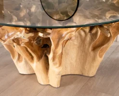 Table de repas ronde en racine de teck naturel avec plateau verre 