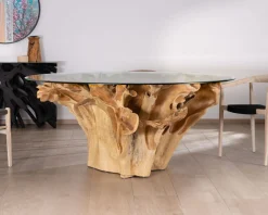 Table de repas ronde en racine de teck naturel avec plateau verre 