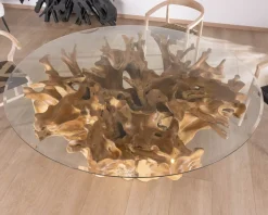 Table de repas ronde en racine de teck naturel avec plateau verre 