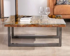 Table de salon carrée en bois recyclé naturel plateau verre et pieds U noir antique "Cidade"