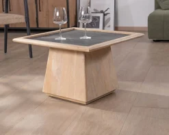Table de salon carrée en manguier avec plateau placage pierre "Netty"