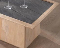 Table de salon carrée en manguier avec plateau placage pierre 