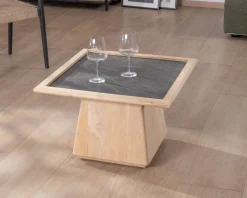 Table de salon carrée en manguier avec plateau placage pierre 