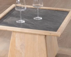 Table de salon carrée en manguier avec plateau placage pierre 