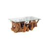 Table de salon rectangulaire racine en teck et plateau en verre "Roots"