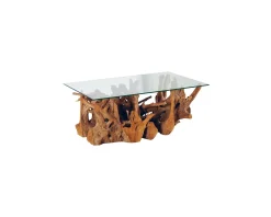 Table de salon rectangulaire racine en teck et plateau en verre "Roots"