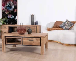 Table de salon rectangulaire recto-verso acacia massif avec tiroirs et contour noirs 